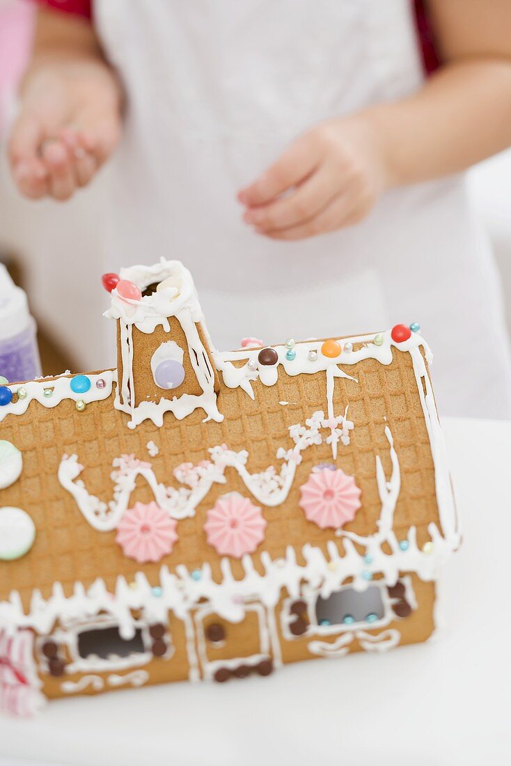 Child decorating gingerbread house