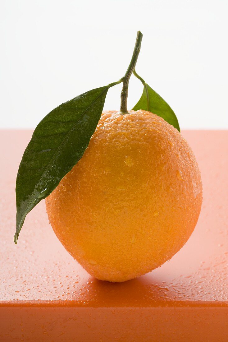 Orange mit Stiel und Blatt