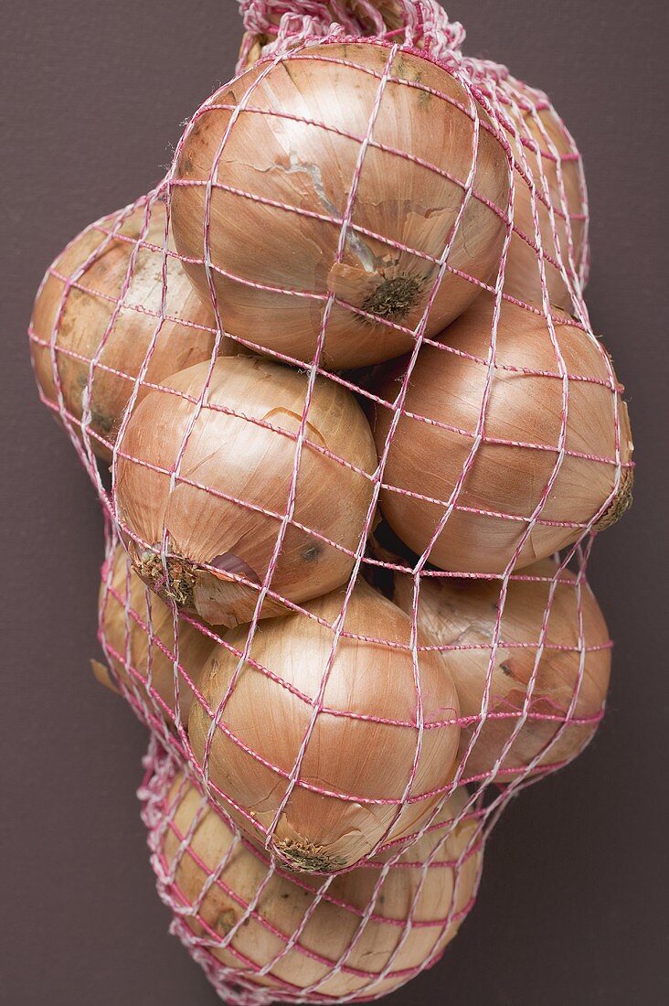 Brown onions in net (close-up)