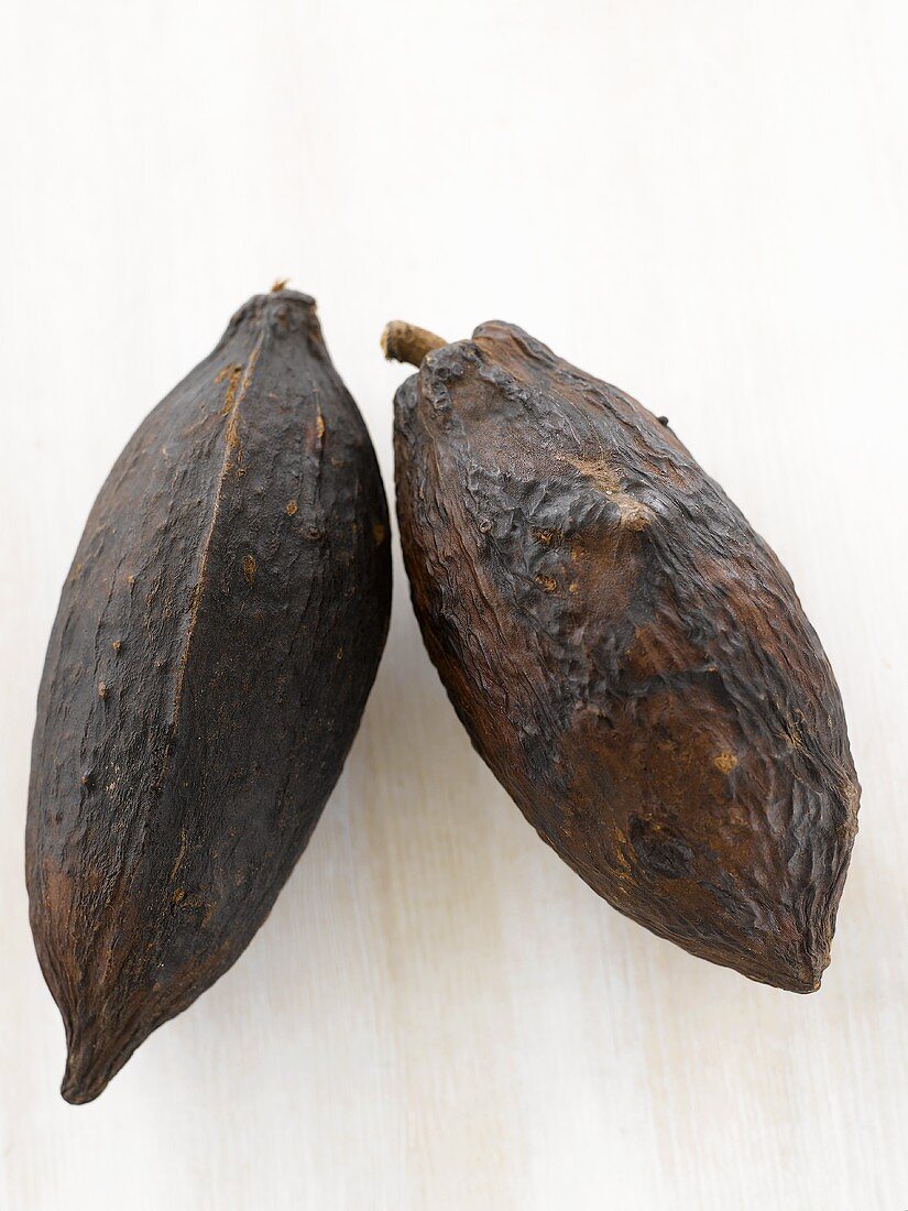 Zwei Kakaofrüchte auf weisser Holzplatte