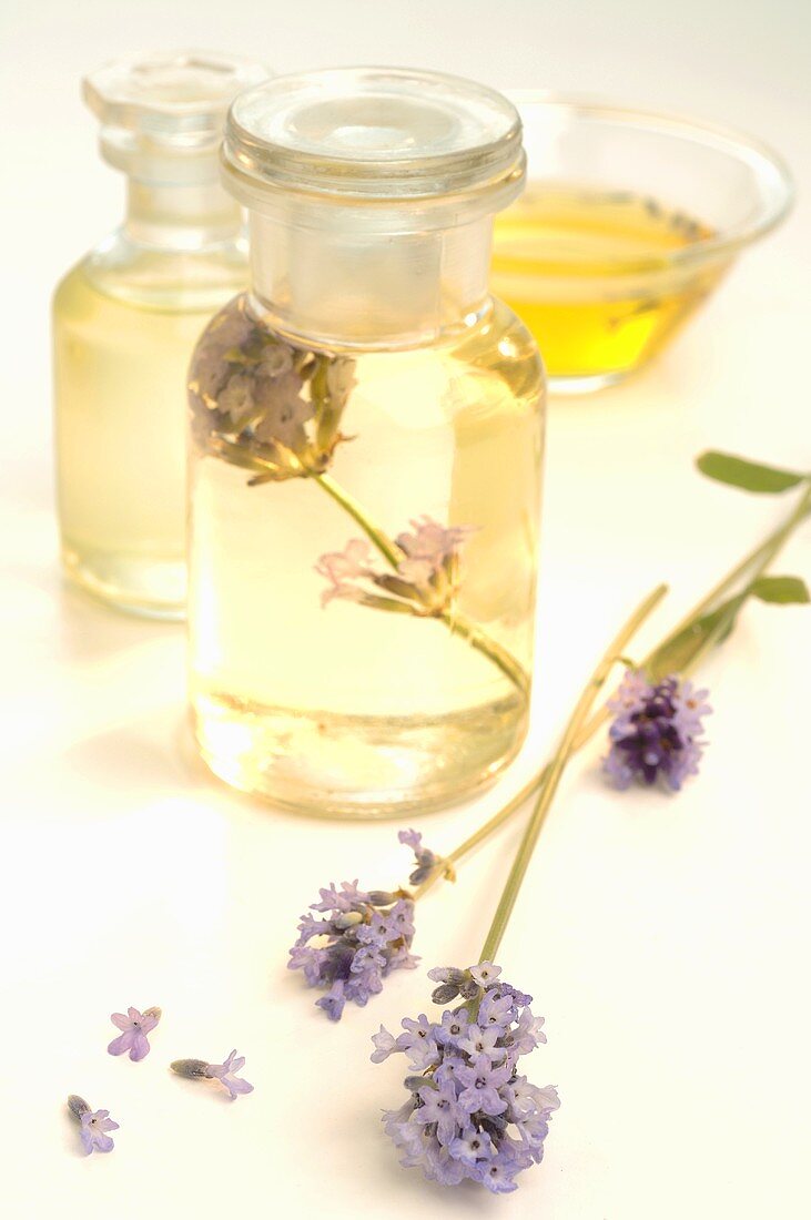 Lavender with apothecary bottles