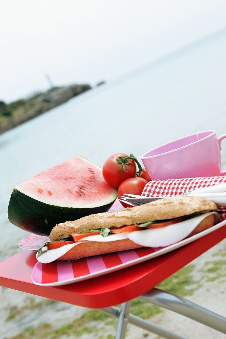 Tomato & mozzarella sandwich and watermelon on beach
