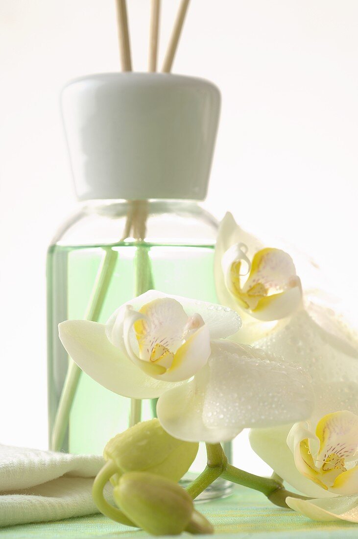 Duftflakon mit Aromastäbchen und Orchideenblüte