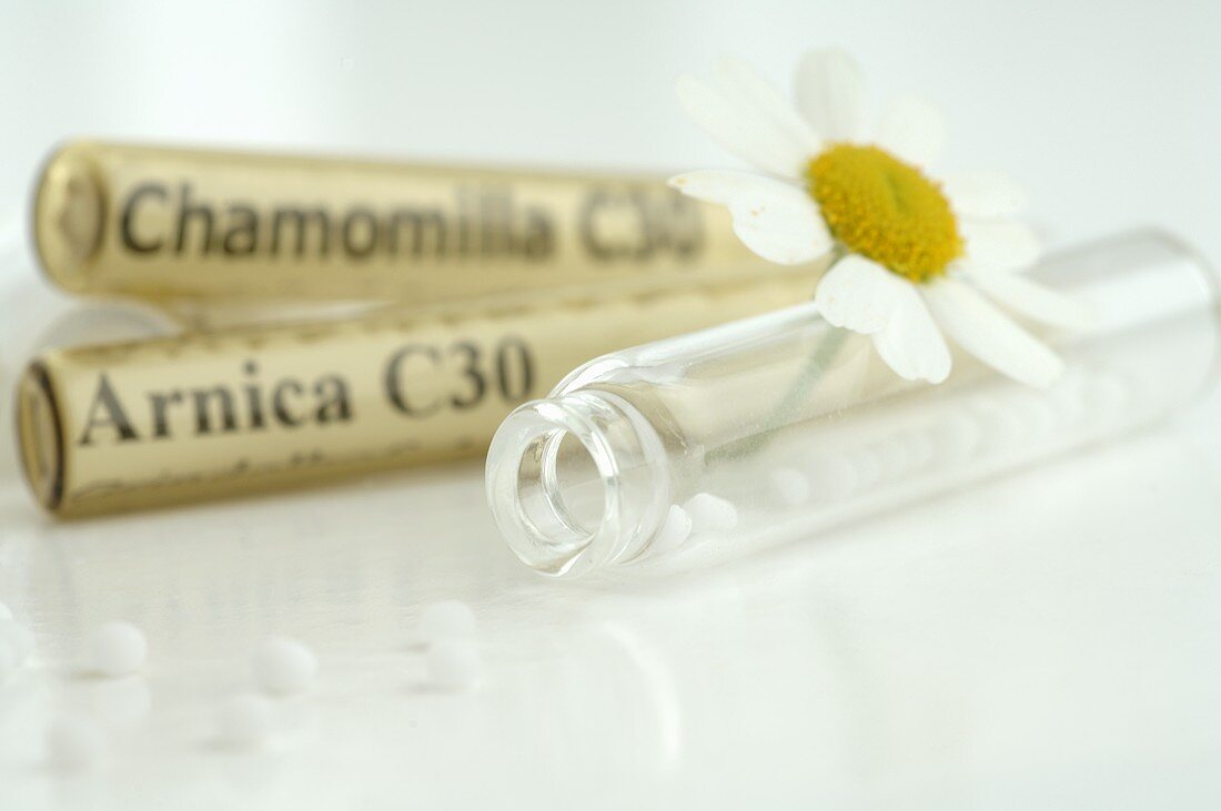 Globuli (homeopathic remedies) with chamomile flowers