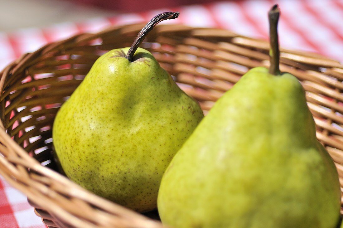 Two pears in a small basket (close-up)