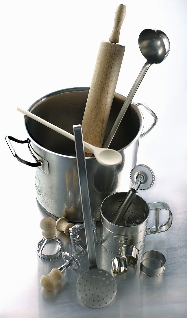 Various utensils for making pasta dishes