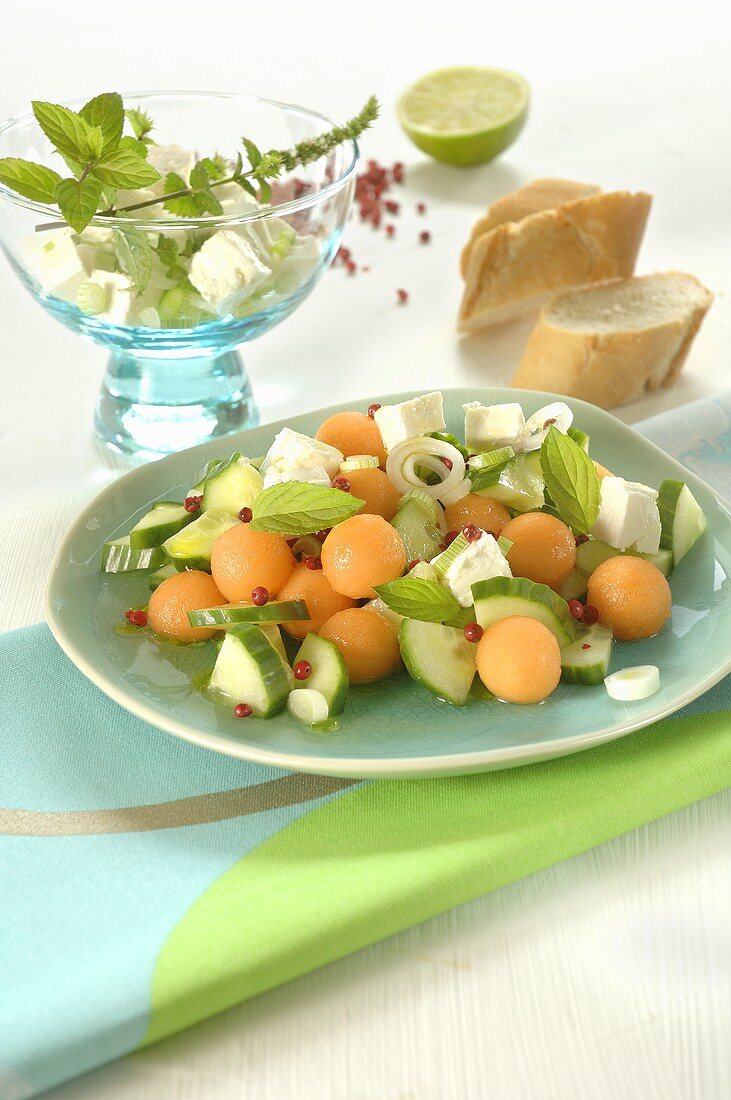 Melon and cucumber salad with feta and mint