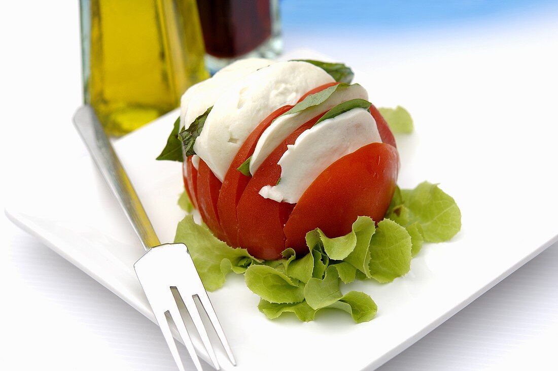 Eine Tomate mit Mozzarella und Basilikum