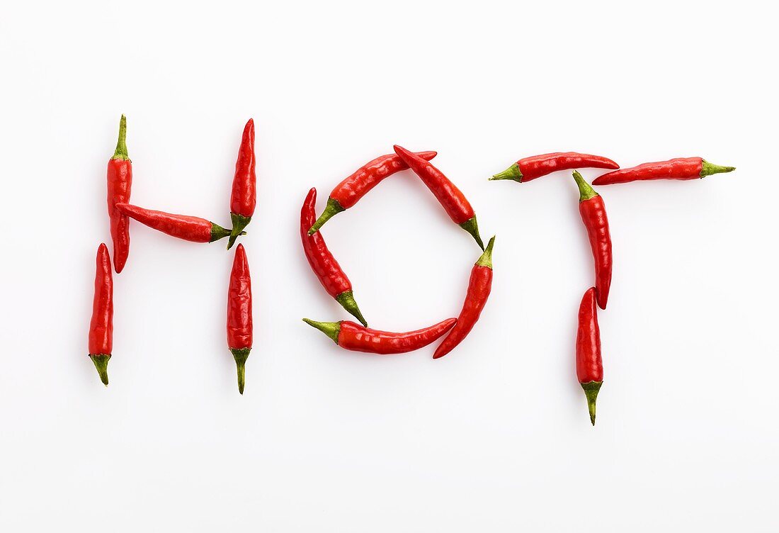 The word HOT written in chillies