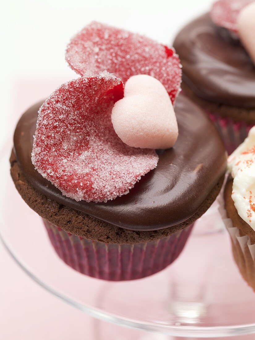 Chocolate cupcake with sugared rose petals