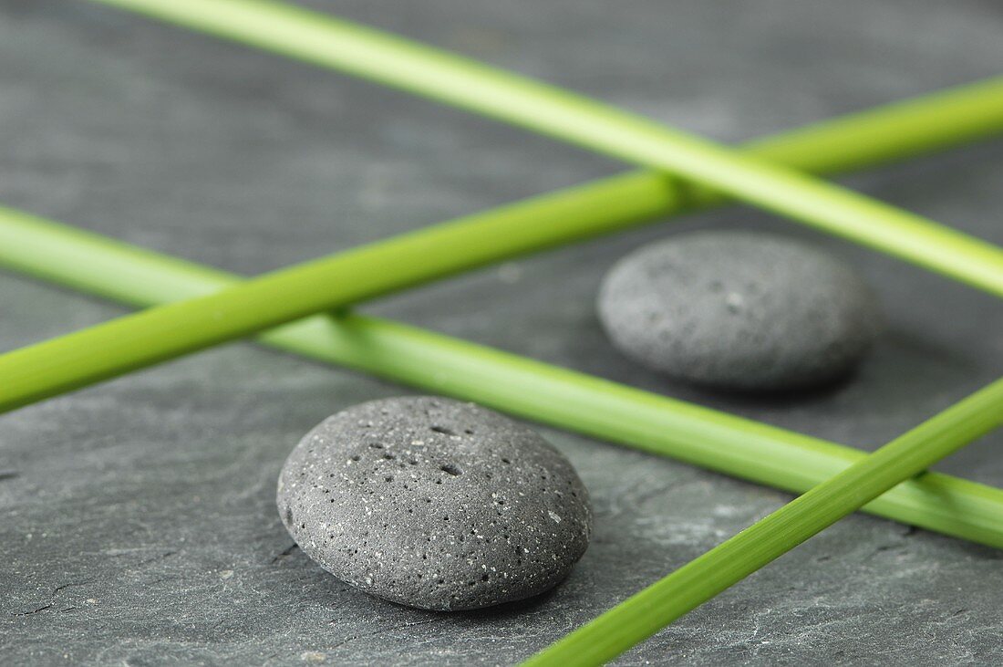 Pebbles and papryus sedge stalks