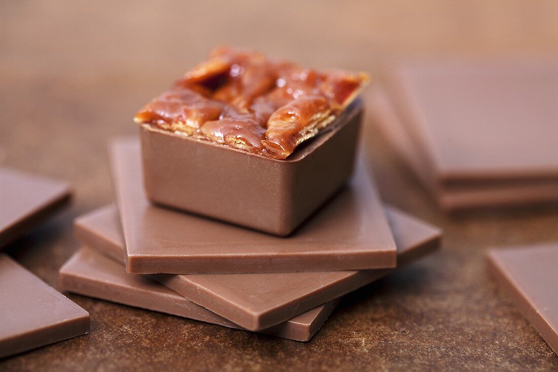 Caramel praline on squares of chocolate