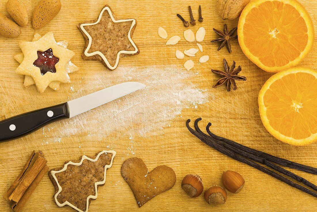 Christmas biscuits and baking ingredients, seen from above