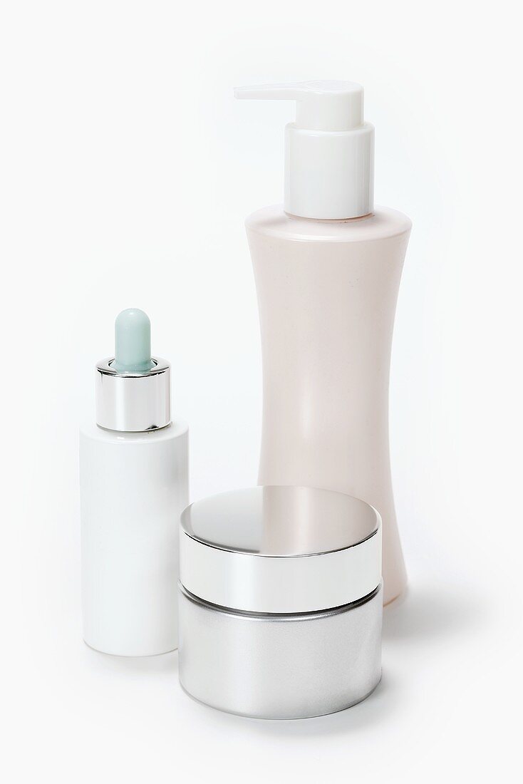 Cosmetic bottles and a pot