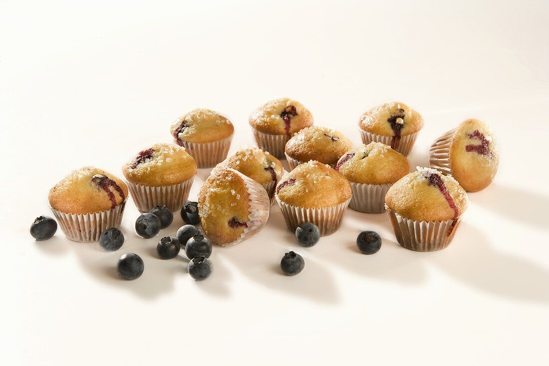 Mini Blueberry Muffins with Fresh Blueberries; White Background