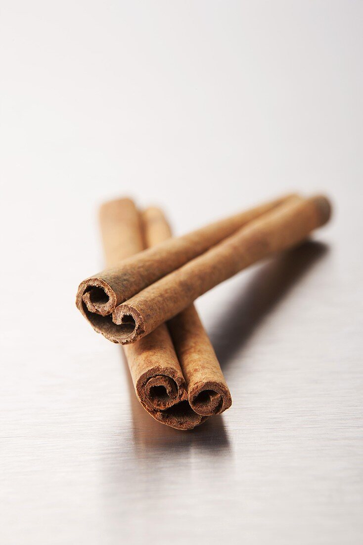 Two cinnamon sticks on a metal surface