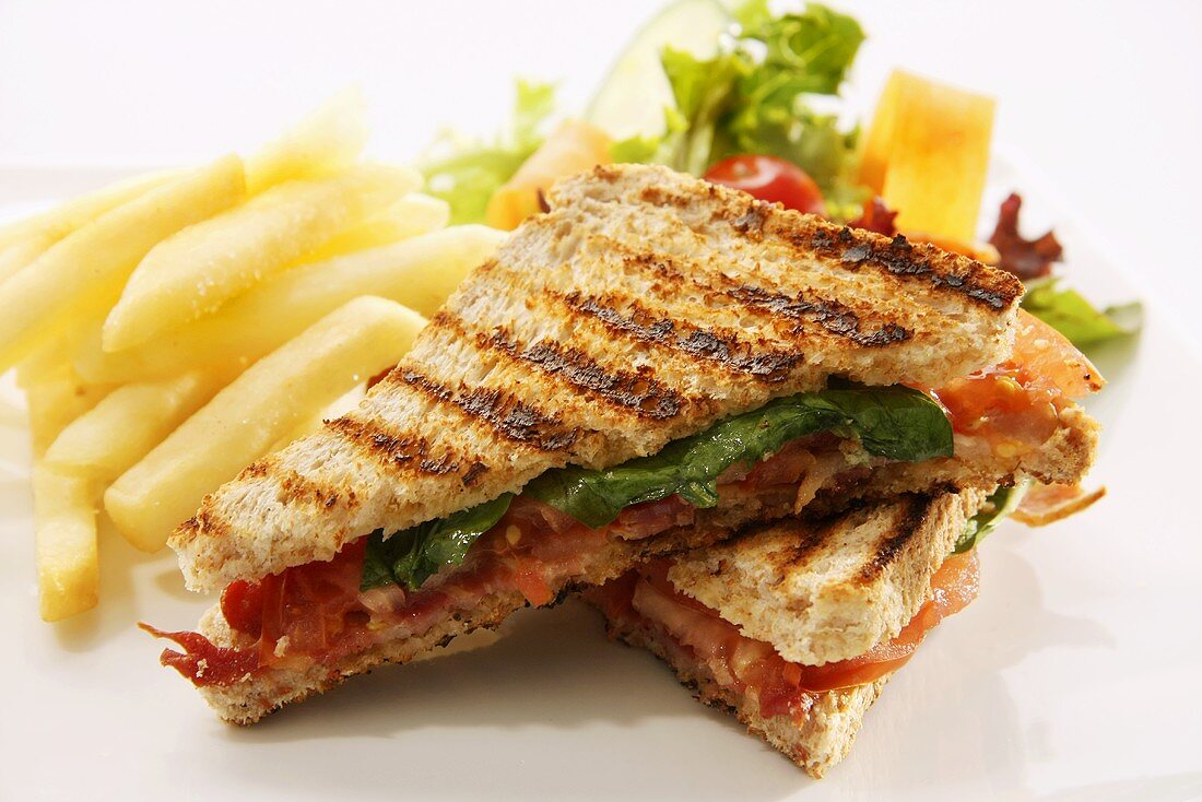 Toasted cheese and tomato sandwich with chips and a salad