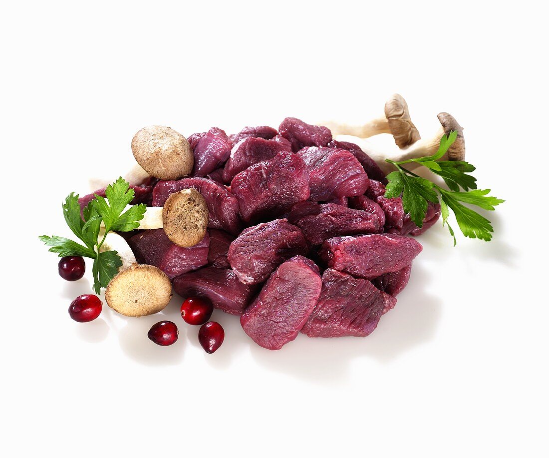 Diced venison with mushrooms and cranberries