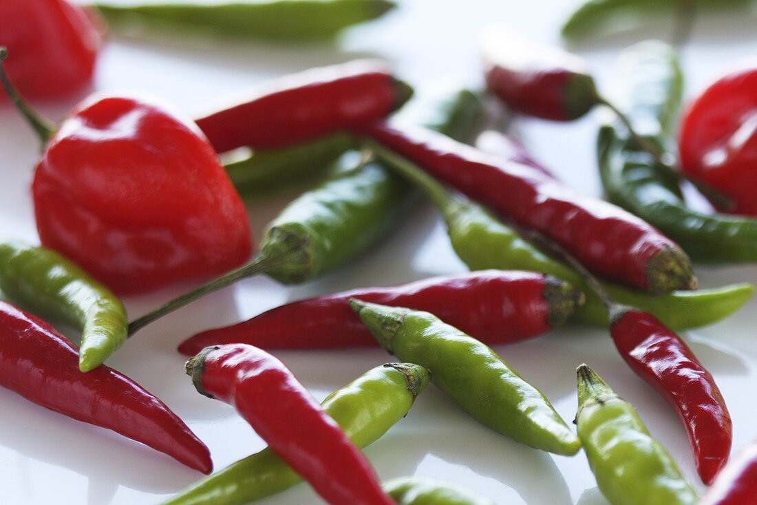 A Variety of Hot Peppers on White Background