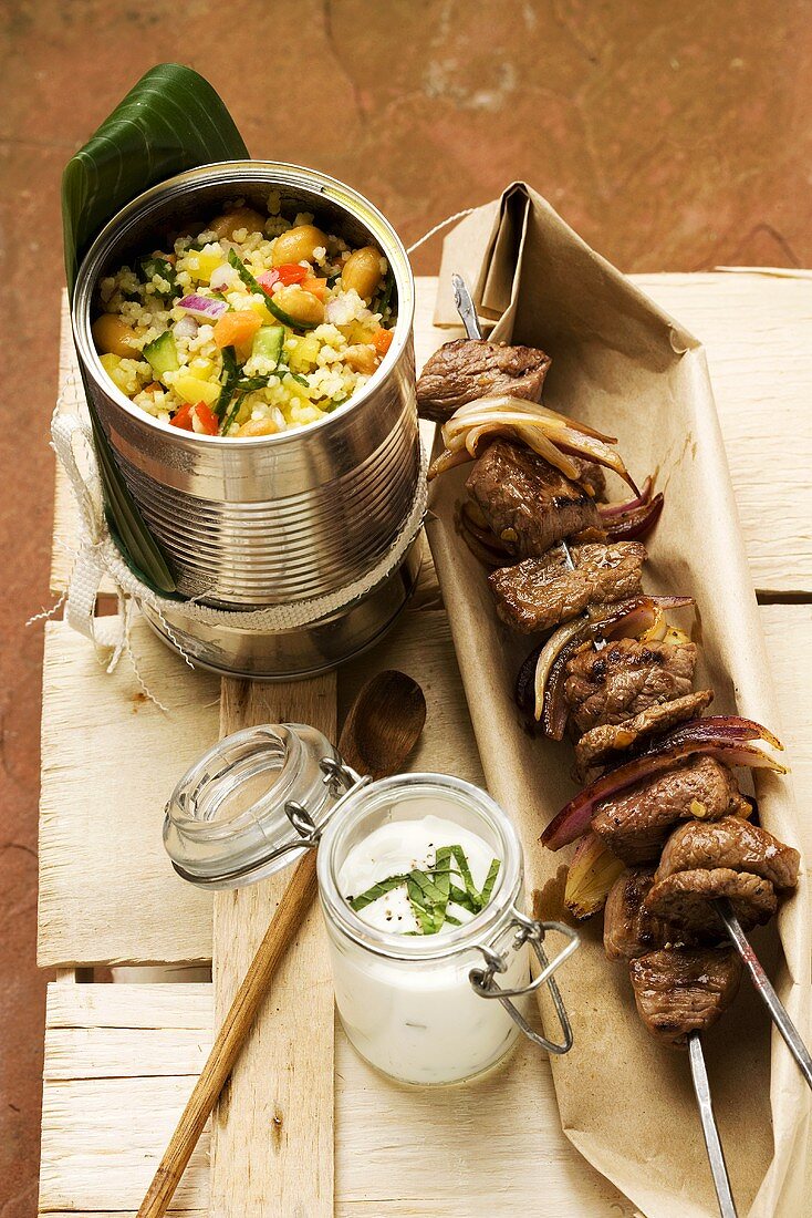 Lamb kebab with hirse tabbouleh and a yogurt dip