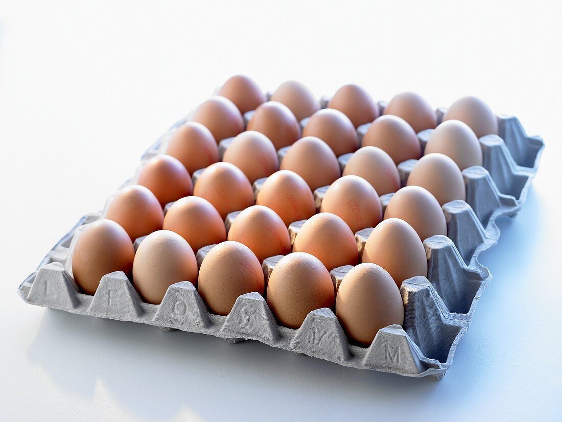 Brown eggs in an egg tray