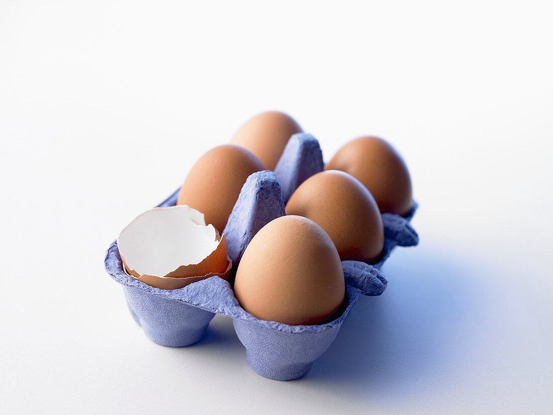 Fünf ganze und ein geöffnetes Ei im Eierkarton
