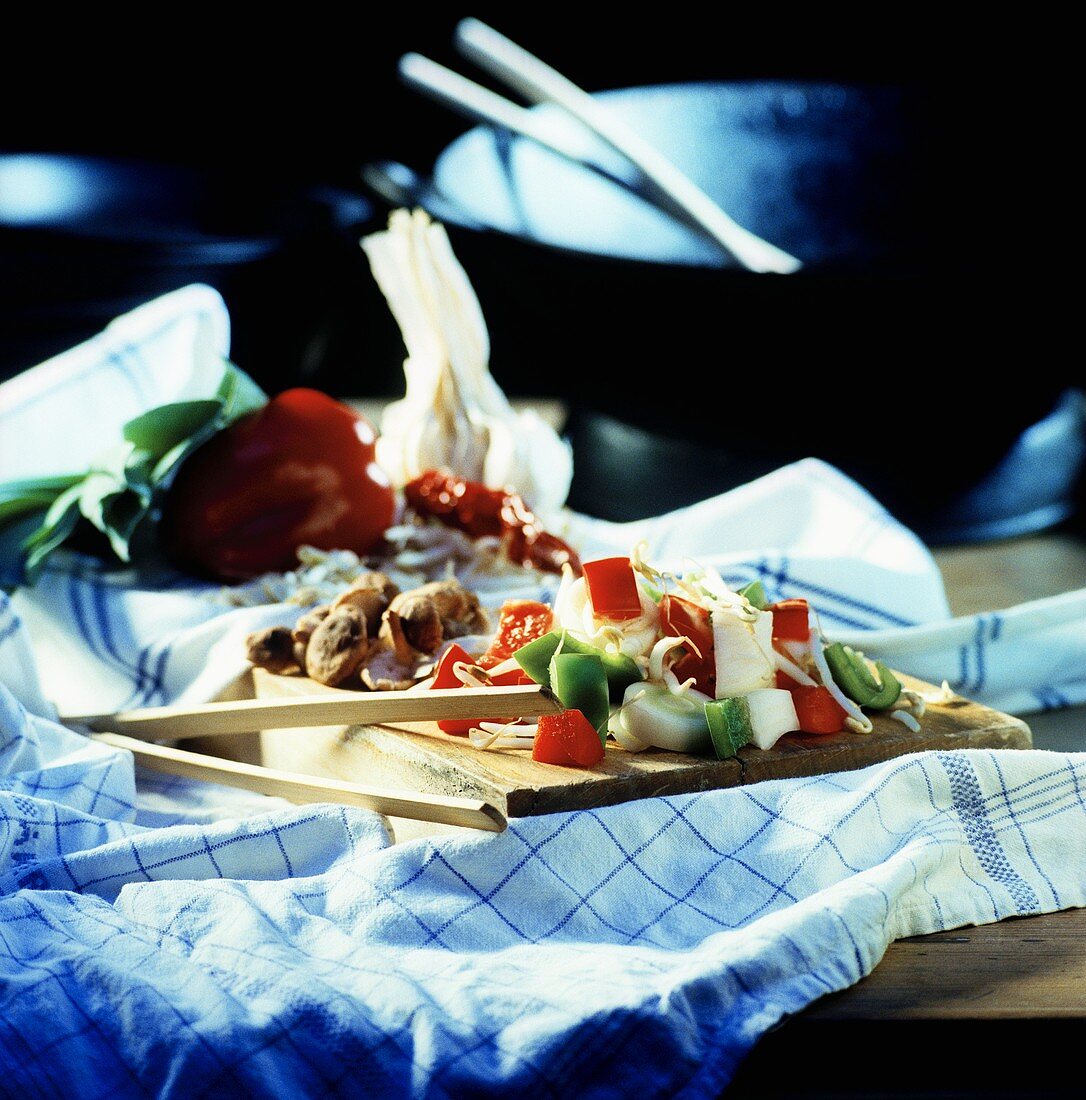 Vegetables prepared for cooking in wok