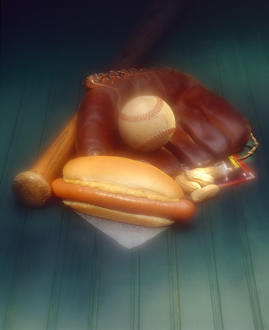 Hot Dog on a Bun with Mustard; Baseball Glove, Bat and Ball