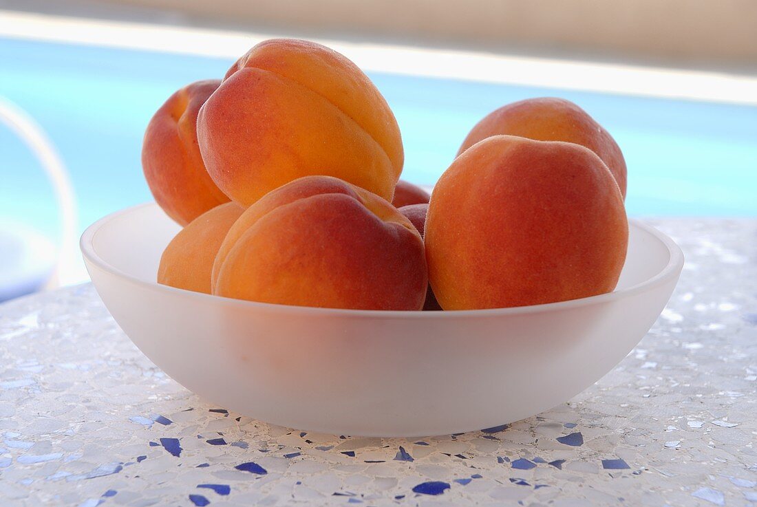 Apricots in a bowl by a pool