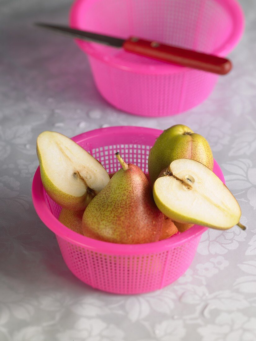 Pears in a strainer