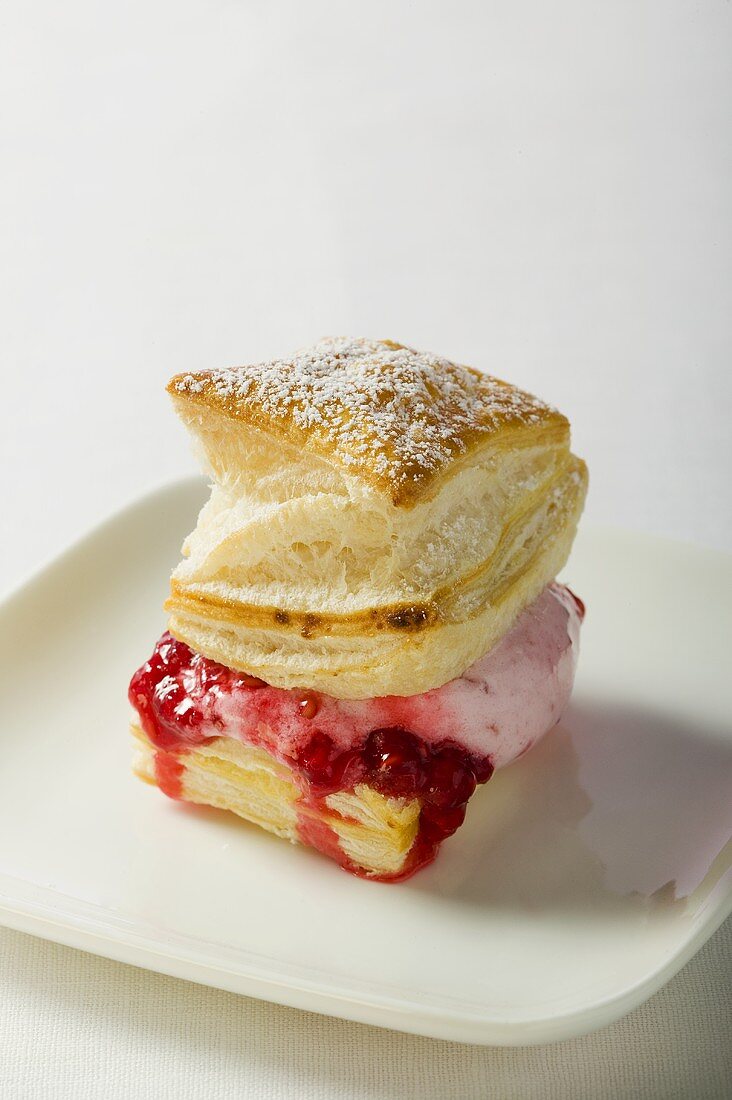 Puff pastry filled with raspberry ice cream & raspberry sauce