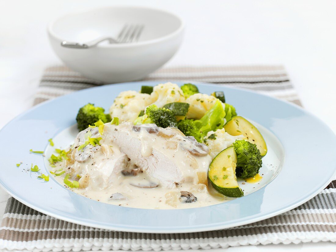 Chicken breast with mushroom sauce and vegetables