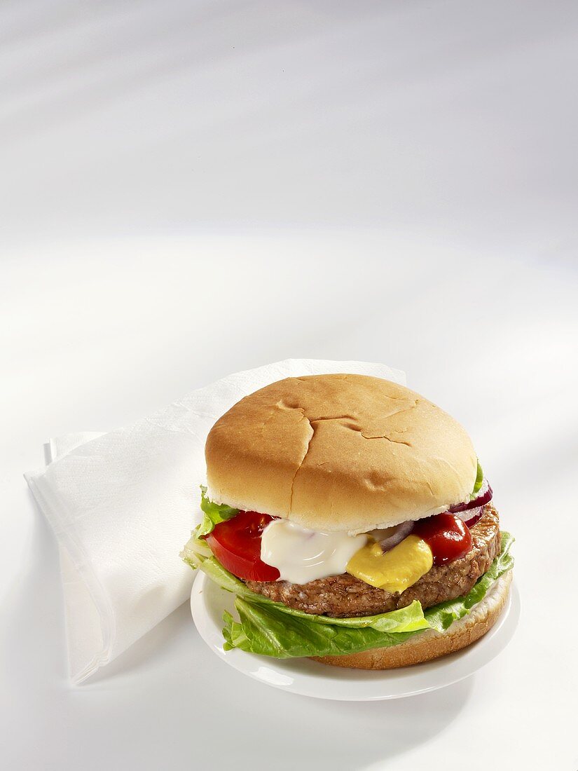 A hamburger with mustard, ketchup and mayonnaise