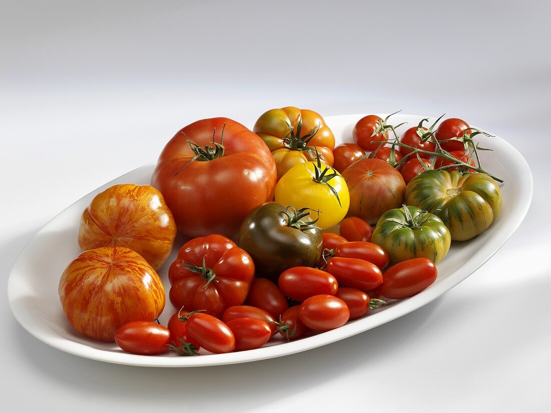 Verschiedene Tomaten auf einer Platte