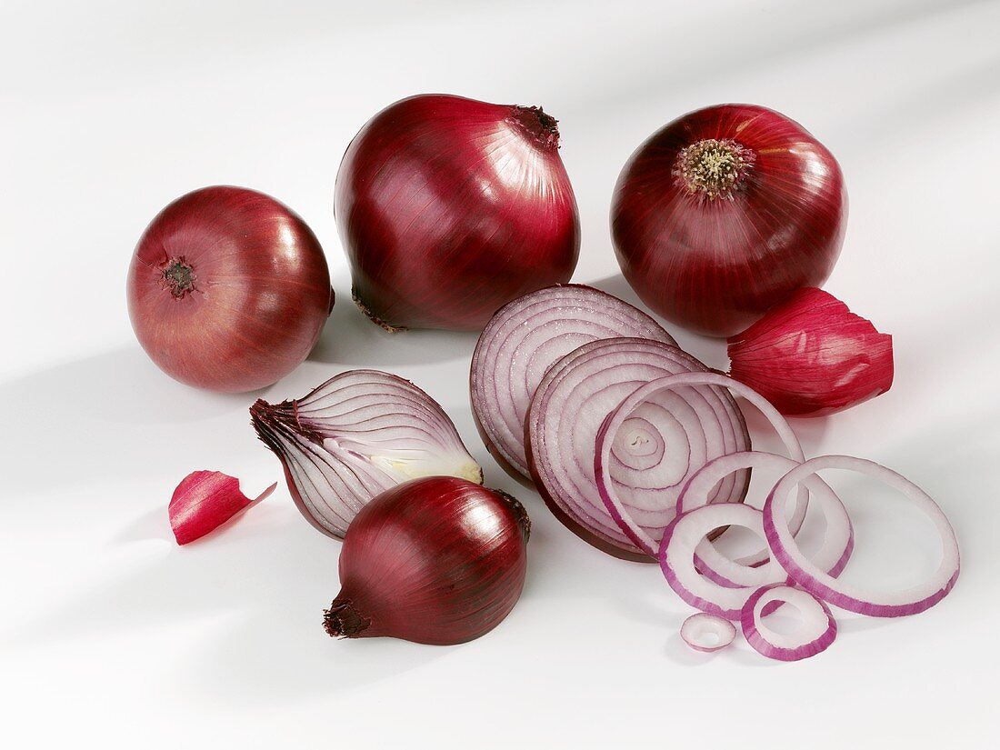 Red onions, whole, halved and sliced