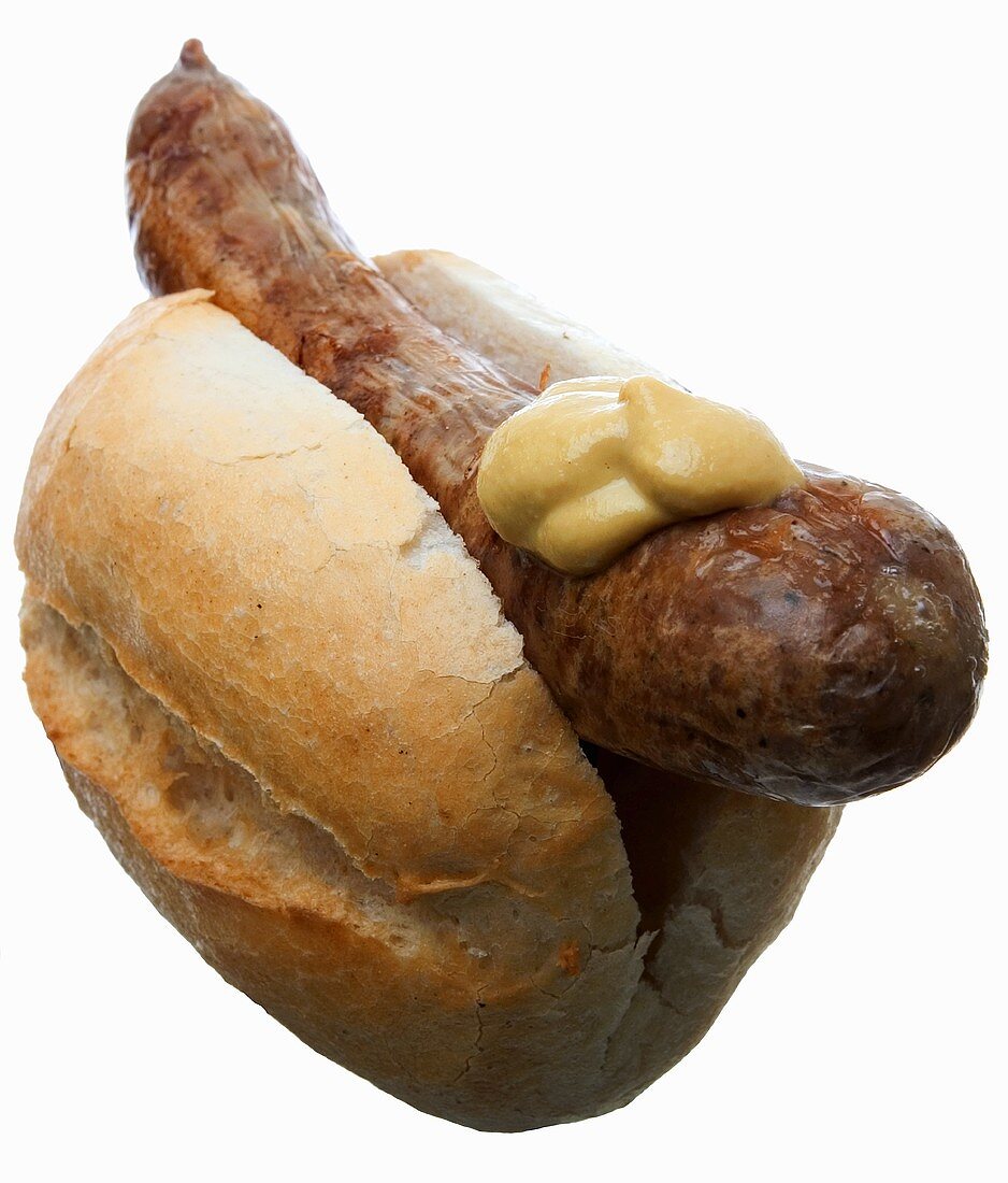 Sausage in a bread roll with mustard