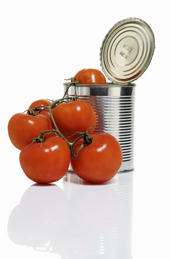 Geöffnete Tomaten-Dose mit frischen Tomaten