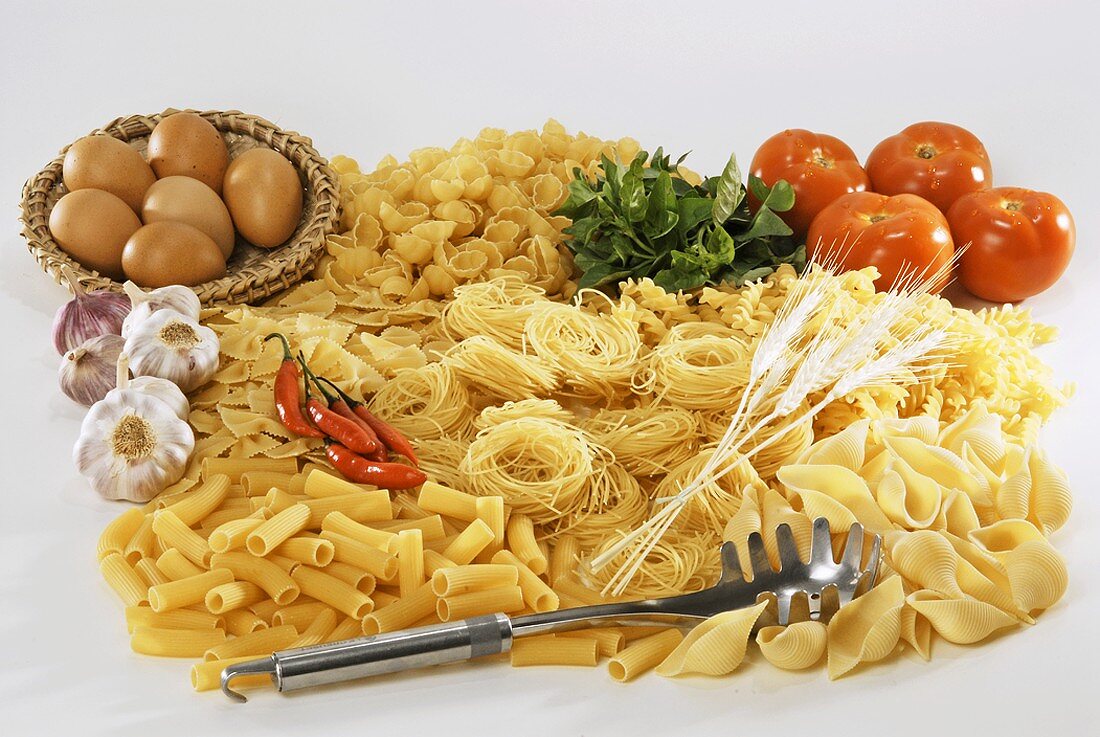 Various types of pasta and sauce ingredients