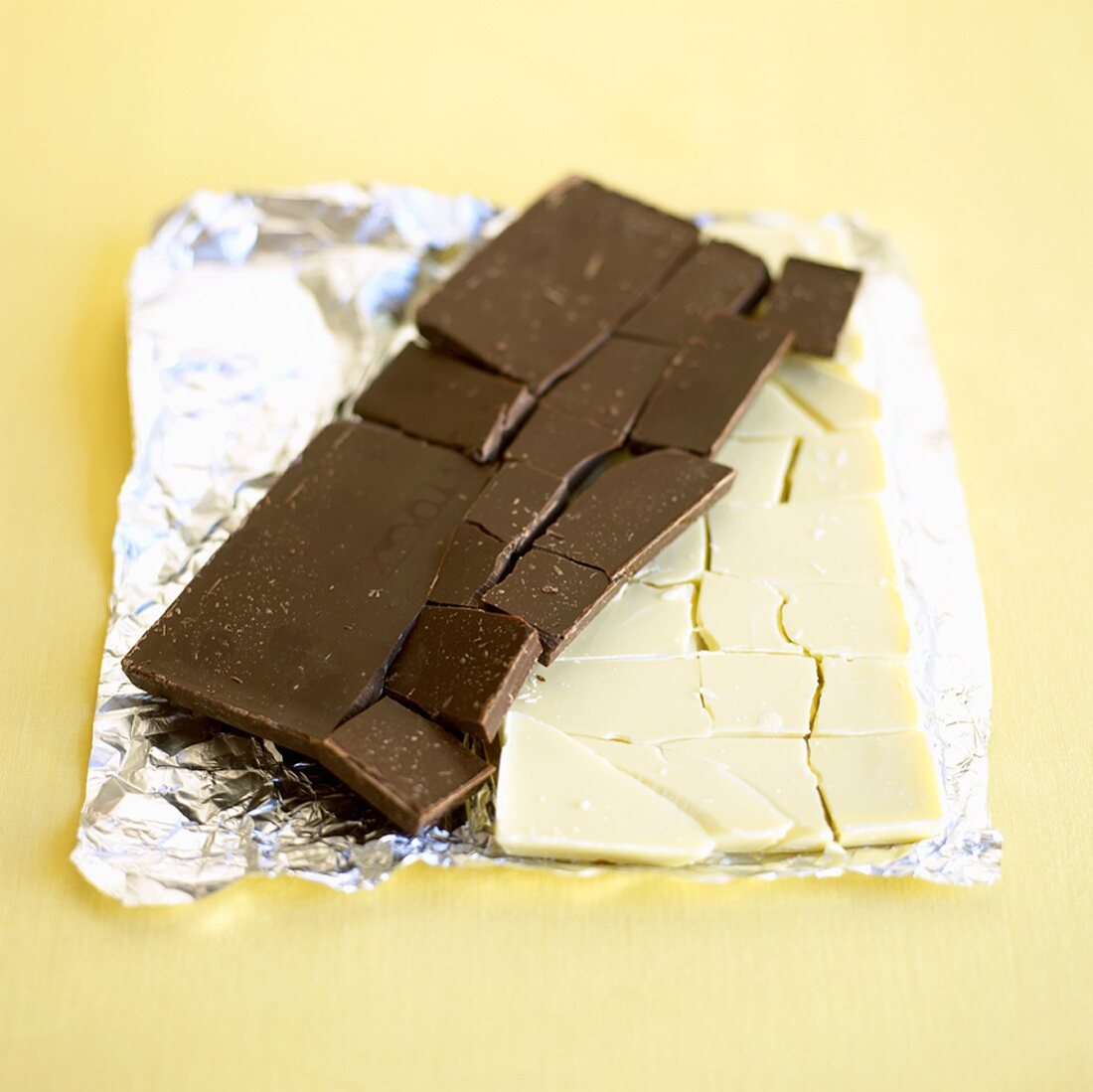 Two broken chocolate bars on aluminium foil
