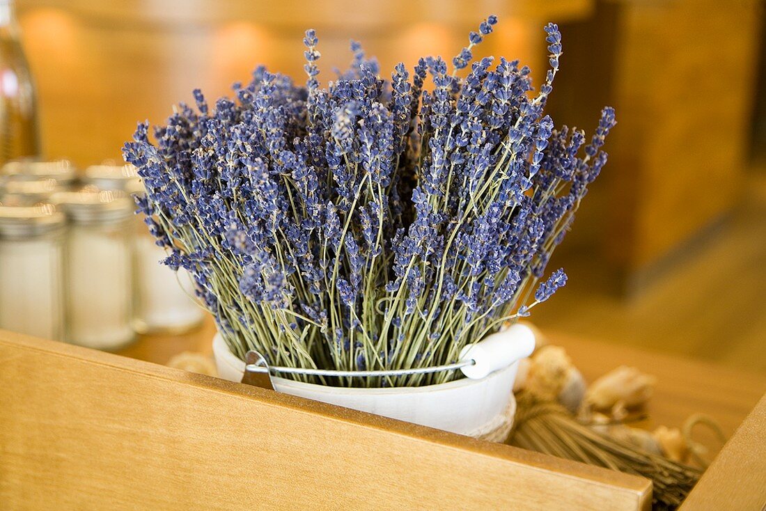 Lavender flowers in a bucket