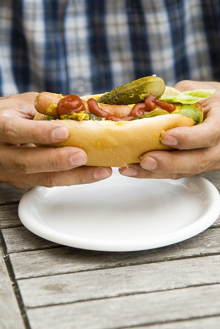 Man's hands holding a hot dog