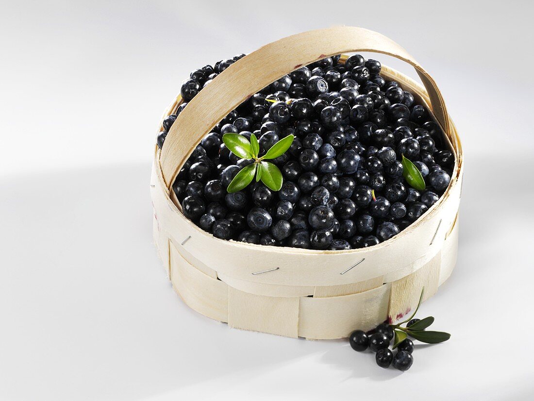 Fresh blueberries in a small basket