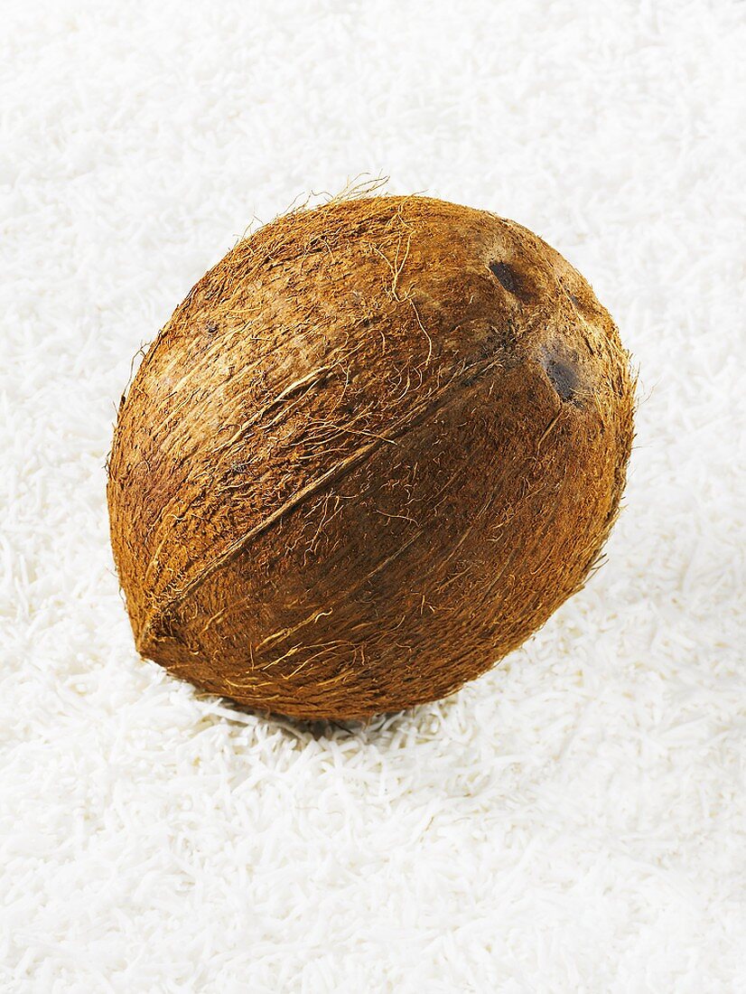 Eine Kokosnuss auf Kokosraspel