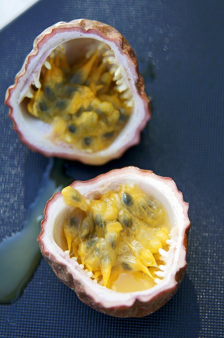 A halved passion fruit