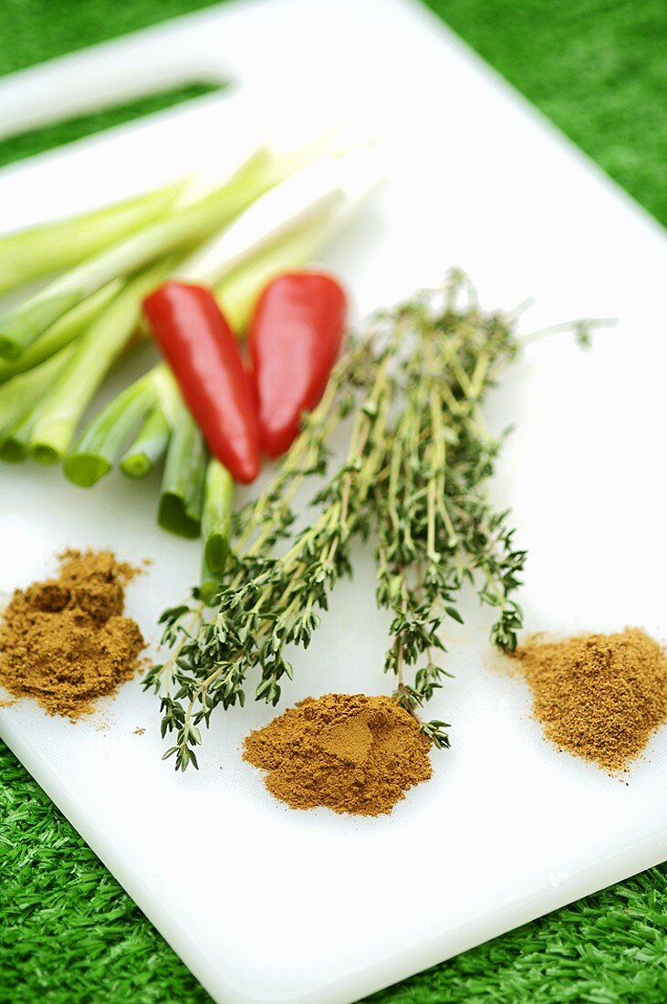 Vegetables, herbs and spices on a board