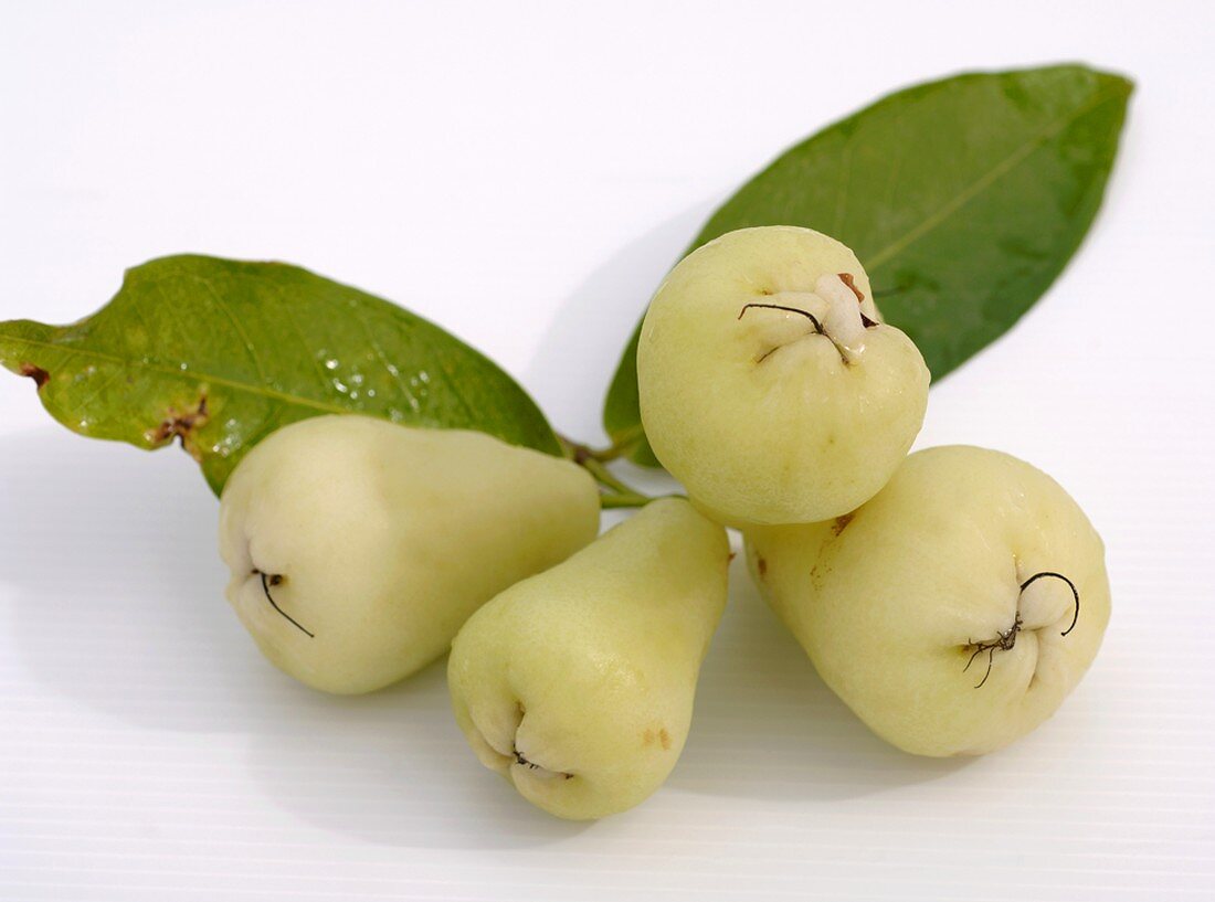 Four green Java apples with leaves