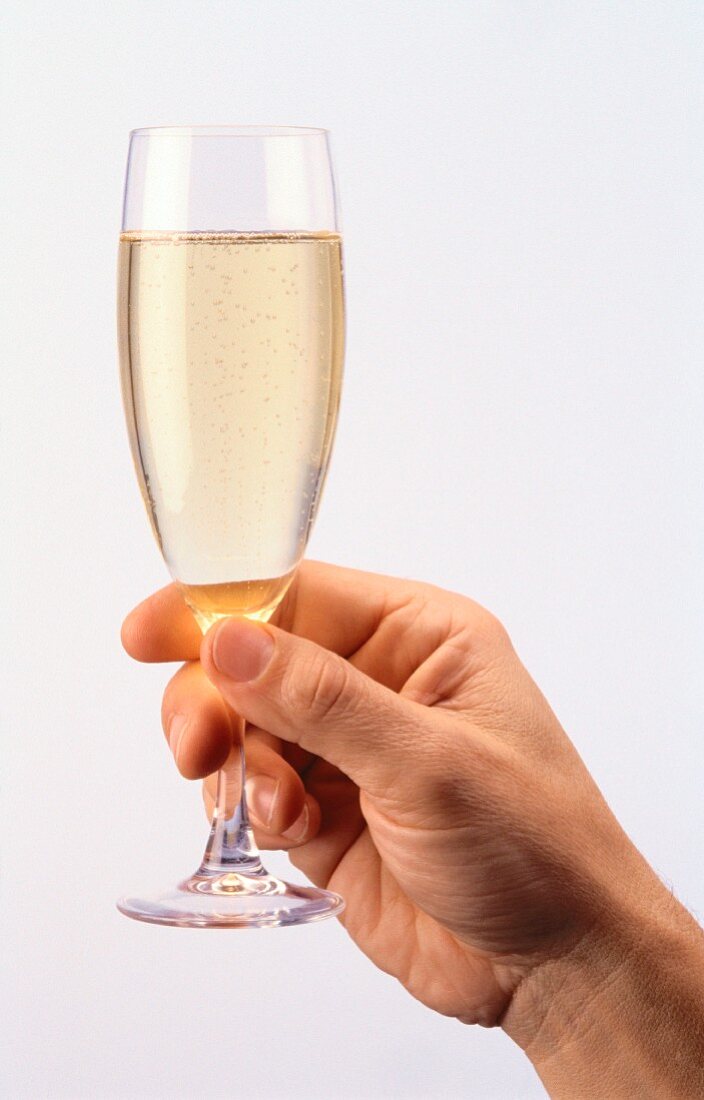 Hand holding champagne flute of sparkling wine