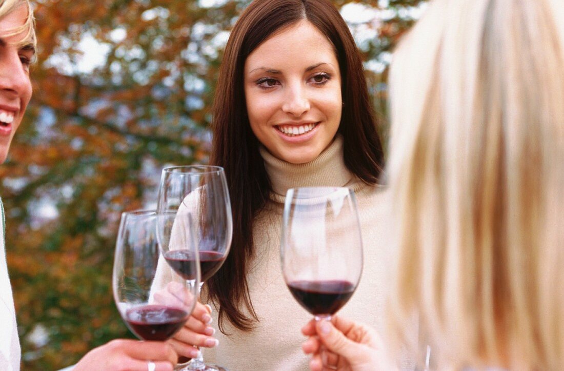 Young people toasting each other with red wine (outside)