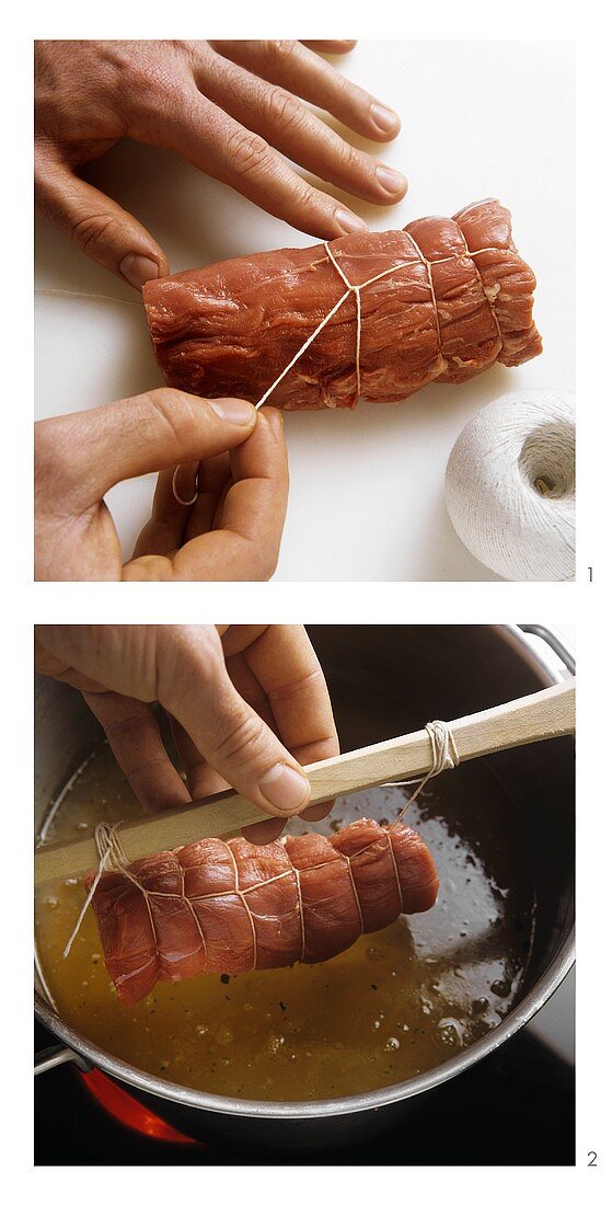 Tying and cooking meat parcels