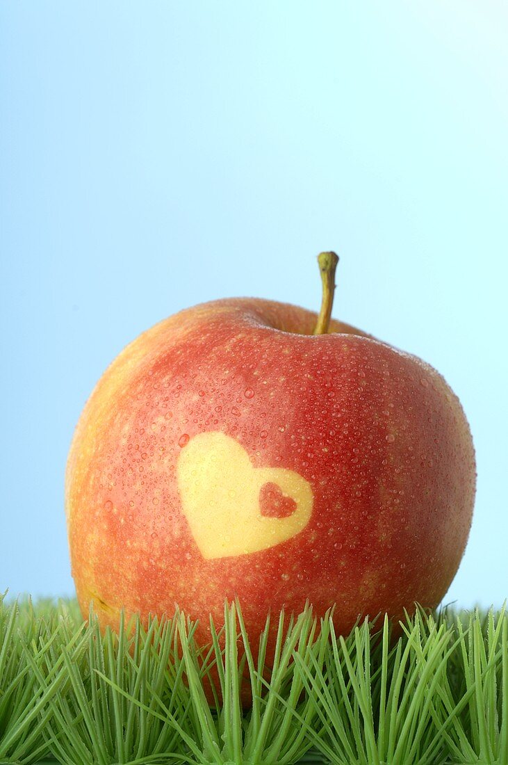Roter Apfel mit Herz im Gras (blauer Hintergrund)